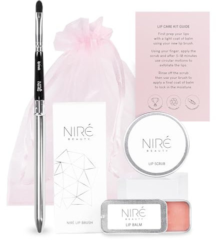 Niré Beauty Lip Care Set - Strawberry Lip Scrub Exfoliator, Natural Lip Balm, Pro Lip Brush with Gift Bag and Guide