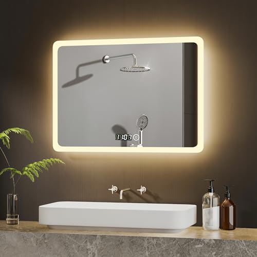 BD-Baode LED Spiegel Wandspiegel 60x80cm Badspiegel mit Beleuchtung 3 Arten von Licht 3000-6500K Rechteckiger Badspiegel mit Uhr und Touch Schalter