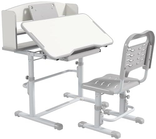 ZONEKIZ Kids Desk and Chair Set, Height Adjustable Children School Study Table with Drawer, Bookshelf, Adjustable Angle Tabletop, Non-slip Mat, for Ages 6-12 Years - Grey