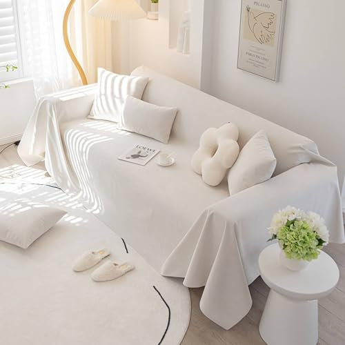ANAZOZ Sofaüberwürfe 2 Sitzer, Bezug für Sofa Chenille Einfarbige Creme Sofabezug Wohnlandschaft 90x210