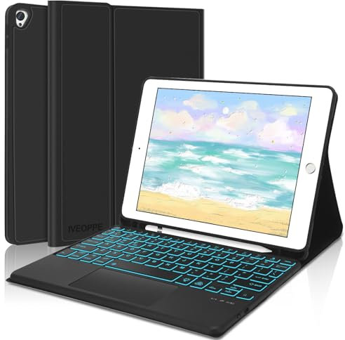 IVEOPPE Funda Teclado iPad 9 Generacion con Touchpad, Teclado Trackpad Español Ñ Retroiluminado Bluetooth Desmontable para iPad 10.2 9ª/8ª/7ª Generación, iPad Pro 10.5, iPad Air 3, Negro