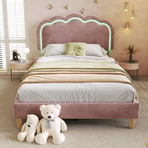 Lit rembourré 90 x 200 cm, LED Cadre de lit avec sommier à Lattes, lit Adolescent en Velours pour Chambre à Coucher, Chambre d'amis,Pink
