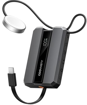 Coowisty Batería Externa para Cable USB C Integrado PowerBank 10000mAh 20W PD Cargador portátil de Carga rápida para iPhone, Compatible con Apple Watch Series 9/8/7/6/Se/5/4/3/2, iPhone15