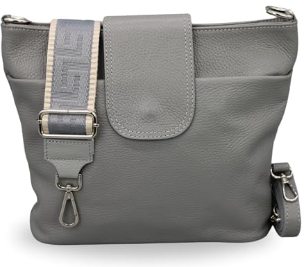 BRISE Umhängetasche Damen Echtes Leder ELLIE Handgemachte Crossbody Bag mit Ledergurt + Optionalen Breiten Gemusterten Riemen 6 Fächer Wasserdichte Schultertasche Made in Italy (Grau - 3)