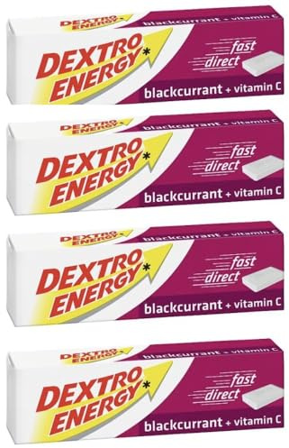 Dextro Energy Dextrose Tablets, Blackcurrant Flavour, 47g, Pack of 4 | Fast-acting blackcurrant glucose tablets with vitamin C, 4 packs of 14, 56 tablets total