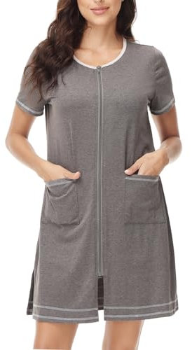 YARISNEY Damen Bademantel mit Reißverschluss Kurzärmelig Loungewear Kurze Taschen Nachtwäsche (Grau, M)