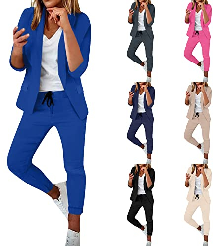 Hsternexy Hosenanzüge Für Damen,Business Modern Elegant Blazer Anzug Set Einfarbig Streetwear Zweiteilig Hosenanzug Anzughose Revers Slim Fit Sportlich Büro Outfit Anzugjacke Sommer Freizeitanzug