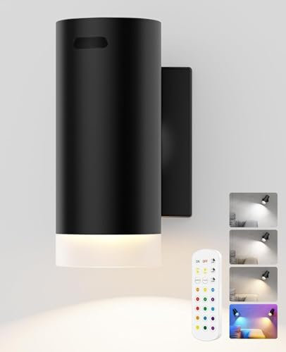 LABOREDUCER LED Wandleuchte Innen Akku Schwarz Kabellos mit Fernbedienung 1 Stück,Aufladbare Wandleuchte Ohne Stromanschluss Wandlampe mit 3 Farben Temperaturen und 12 RGB,360° Drehbar Leselampe