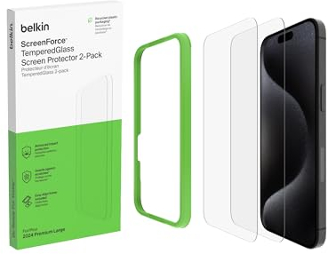Belkin ScreenForce TemperedGlass iPhone 16 Pro Max Screen Protector, crystal clear, scratch-resistant tempered glass, bubble-free application, full screen coverage for iPhone 16 Pro Max, 2-pack