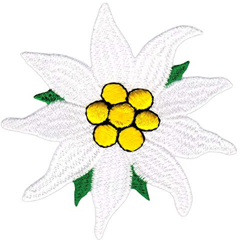 Edelweiß Blume Aufnäher zum aufbügeln oder aufnähen Bügelbild Aufbügler für Kleidung gestickter Bügelpatch Applikation Blüte Alpen Bayern Patch Größe 7,0 x 7,0 cm