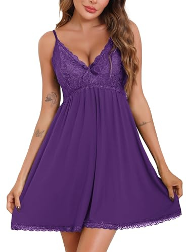 Sopesil Nighties for Women Sexy Ladies Nightdress Negligees Lace Chemises Nightgown V Neck Spaghetti Straps Sleepwear Nightwear UK with Thong, Dark purple, XXL
