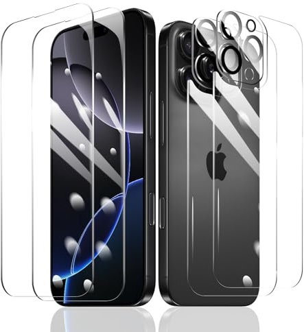 2 Stück Schutzfolie für iPhone 16 Pro Max + 2 Stück Kameraschutz + 2 Stück Rückseite Schutzfolie mit einfachem Befestigungswerkzeug, Panzer Schutz Glas, Display Schutzfolie aus gehärtetem Glas