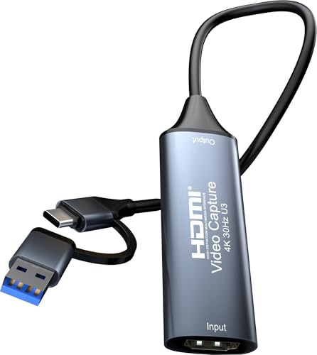 PremiumCord HDMI Capture/Grabber zur Aufnahme von Video/Audio auf Computer mit USB, Auflösung UHD 4K 2160p 30 Hz, Full HD 1080p 60 Hz, USB 3.2 Typ A/Typ C, Plug and Play, Space Gray