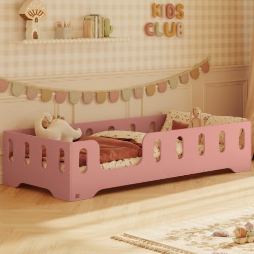 smartwood Bodenbett 80x160 cm mit Rausfallschutz, Holz, Rosa, TILA 2L | Montessori Kinderbett, Lattenrost belastbar bis 230 kg, FSC-Zertifikat, abgerundete Kanten, Einfache Montage, ab 3 Jahren