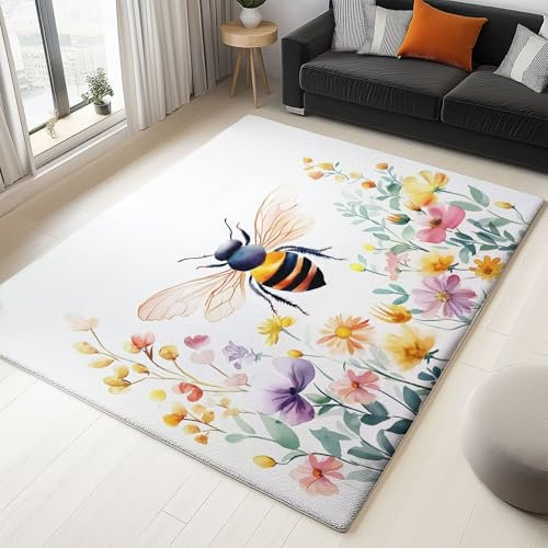 Teppich Wohnzimmer Aquarellmalerei Kranz Biene Teppich Schlafzimmer Teppich Esszimmer Teppich, Kurzflor Outdoor Teppich, Waschbarer Teppiche, rutschfest Teppich 140 x 200 cm