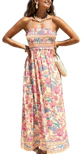 CUPSHE Robe longue d'été à smocks pour femme - Sans manches, avec bretelles spaghetti et volants - Longue robe de plage formelle, Taille L