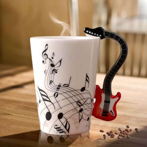 Keramik Kaffeetasse mit Saxophon Henkel, Musik Note Bedruckt Teetasse Geschenk Tasse Keramiktasse, Kaffeebecher Für Musiklieber Musik Geschenk, 250ml, Rot