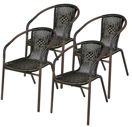Nexos 4er Set Bistrostuhl Toulouse aus Poly-Rattan + Stahlgestell – Farbe: Dunkel-Braun