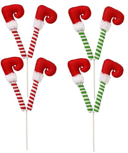 JNAWA 4Pieces Christmas Elf Legs Tree Ornaments Red Green Elf Feet with Fixed Wire Striped Legs Plush Topper Decoration for Xmas Holiday