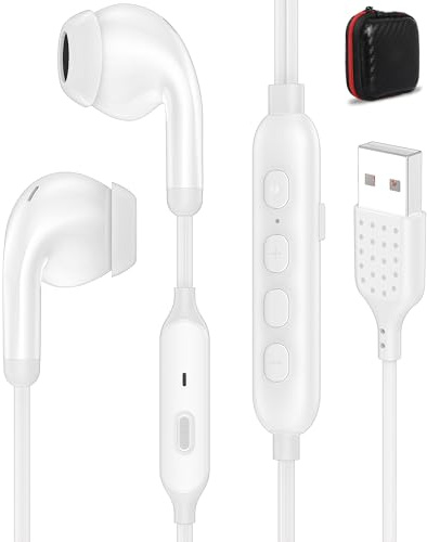 iMangoo 3 EQ Music Mode Wired USB Earbuds with Microphone for PC, 7.5FT Tangle-Free Long Cord Small in Ear Buds Headphones Wire Headset for Computer Laptop School Online Classes Earphones White