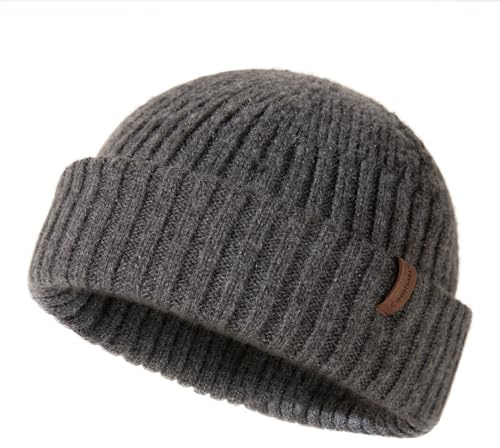Comhats Fischer Mütze Herren Wollmütze Kurz Docker Haube Trawler Fisherman Beanie Hat Damen Merino Wolle Strick Winter Cap Großer Kopf Ski XL/XLL Dunkelgrau