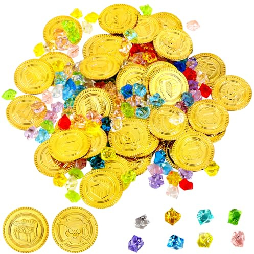Vicloon Piratenschatz Goldmünzen für Piratenschatz, 100 Stücke Edelsteine für Kinder und 50 Stücke Goldmünzen Kinder, Piraten Schatz für Piraten Deko Kindergeburtstag, Schatzkiste Kindergeburtstag