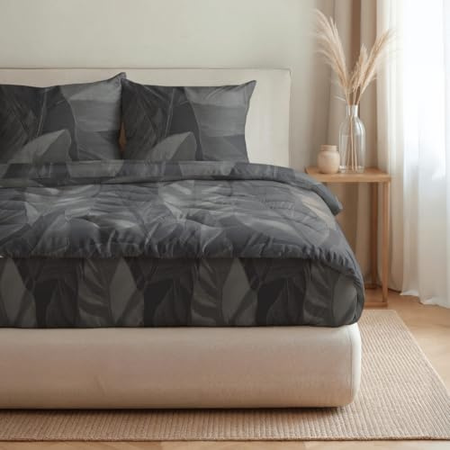Zelesta Royalbed Baumwolle All-Season Bettdecke 240x200 – Bettdecke & Bezug in einem | Waschbar & Trocknergeeignet | Atmungsaktive Baumwolle, 300 g/m² Füllung (Black Swan, 240x200 cm)
