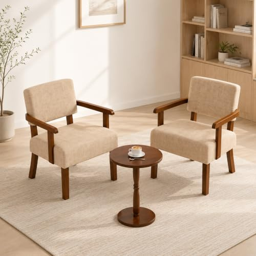EOSVALO Sessel Wohnzimmer 2er Set, Loungesessel mit Armlehnen Beige | Gepolsterter Sessel mit kleiner Beistelltisch, für Schlafzimmer und Gästezimmer, Modernes Design