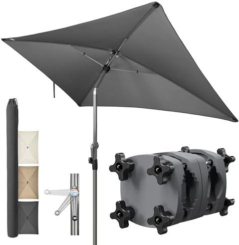 Menz Sonnenschirm Balkon mit Halterung im 3-er-Set, mit Kurbel, UV 50+, 200x125 cm, Anthrazit, Sonnenschutz Balkon, Sonnenschirm rechteckig, Balkonschirm mit Sonnenschirmhalter für Balkongeländer