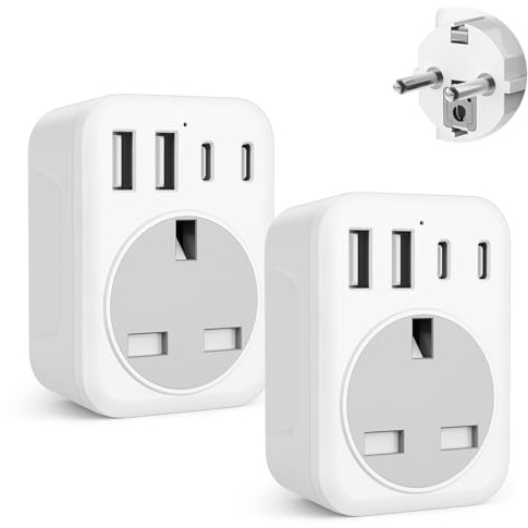 2 Pack UK To European Plug Adapter, 5 IN 1 European Travel Adaptor with 2 USB C & 2 USB A, EU Plug Adapter for Germany Spain France Turkey Greece etc (Type E/F)
