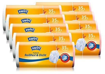 Swirl Zugband-Müllbeutel, 35 Liter, 9 Rollen mit je 15 Beuteln, Weiß