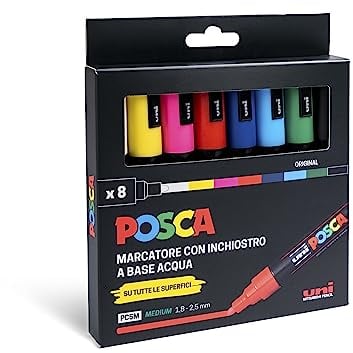 POSCA - Uniposca Set avec marqueurs acryliques pointe ronde 1,8-2,5 mm, couleurs pour tissus, bois, verre et autres, marqueurs aquarellables Uni Posca professionnels et papeterie, résistants à