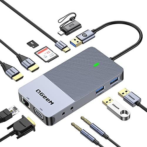 QGeeM USB 3.0 Laptop Docking Station, Triple Display USB Hub Hdmi Splitter Extender Dual Monitor,USB Dock with 2 HDMI, VGA, USB 3.0, Card Reder Compatible for MacBook M1 M2 M3 M4 Dell Lenovo Mac OS