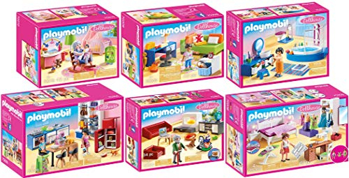 geobra Brandstätter PLAYMOBIL® Dollhouse 6er Set 70206 70207 70208 70209 70210 70211 Küche + Wohnzimmer + Schlafzimmer + Jugendzimmer + Babyzimmer + Badezimmer