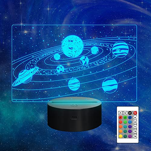 CooPark Sonnen System 3D Illusion Lampe,Galaxis 3D Nachtlicht mit 16 Farben Ändern und Fernbedienung, Geburtstags und Weihnachtsgeschenke für 4 5 6 7 8 9 Jahre alt Kinder