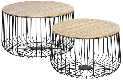 Home Source Retro Pair of Round Side Coffee Tables, Wooden Top, Metal Frame Living Room Storage, Set of 2