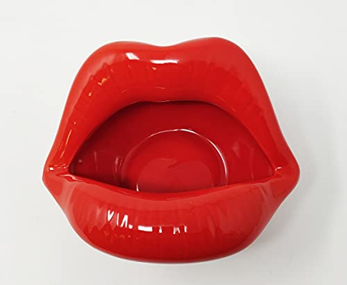 Roter Aschenbecher aus Keramik, Lippen, stilvoller Pushdown-Aschenbecher für Raucher, Lippenform, dekorativer Aschenbecher für Zuhause, Bar, Terrasse, 12 x 6 cm (JR1391)