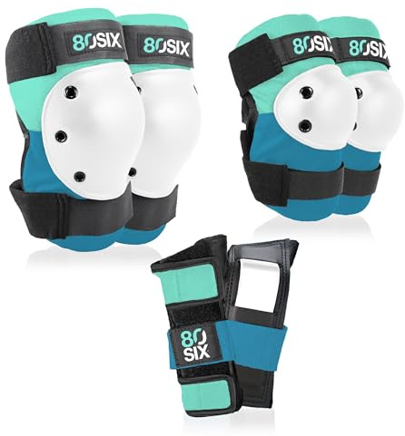 80Six Multi-Sport Pad Set-Knee Pads, Wristguards, Elbow Pads, Full Protective Gear for Kids, for BMX, Cycling, Inline Skating, Skate, Roller Skates, Skateboard Accessories (Surf Green Teal, Ages 5+)