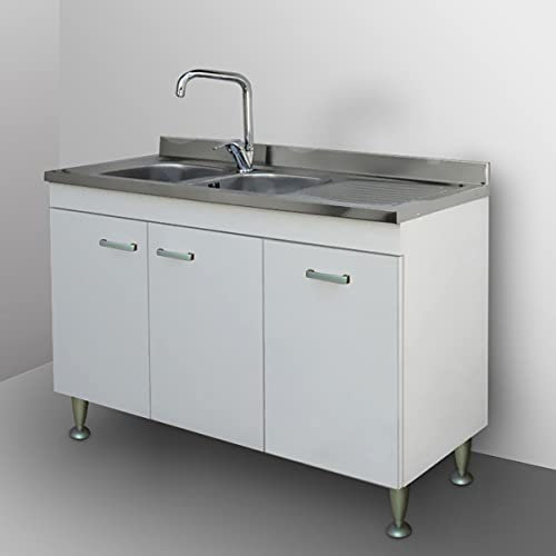 Yellowshop | Mobile cucina sottolavello a 3 ante cm 120x50 colore Bianco completo di lavello inox serie Basic (Versione Dx)