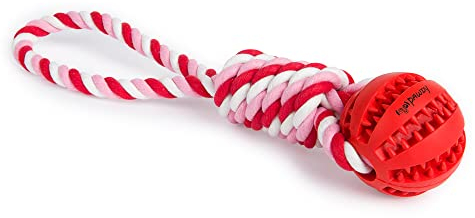PAWDY Hundeseil mit Ball für Spielspaß und Zahnpflege - Robustes Hundespielzeug für mittlere & große Hunde - Kauspielzeug mit Noppen aus Naturkautschuk - Ball Seil Wurfspielzeug für Hunde (rot)