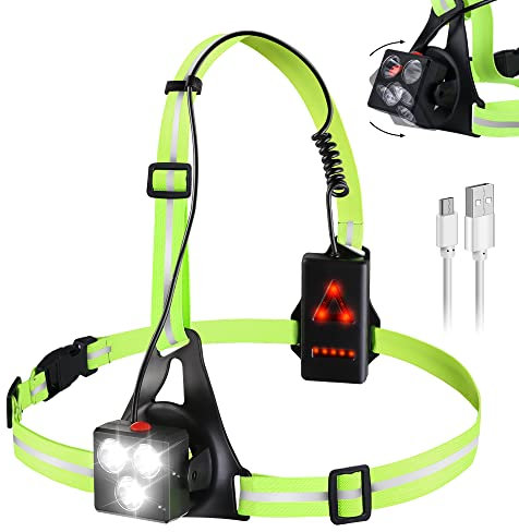 Lampe de Course à Pied - Eclairage de Poitrine pour Course, USB Rechargeable LED Lampe de Poitrine avec 3 modes d'éclairage et Angle de Faisceau à 120° Lampe Running pour Jogging, Camping, Coureurs