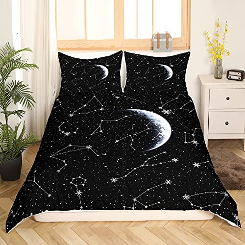 Constellation Bettwäsche Set 135x200cm Zodiac Gedruckt Betten Set Erwachsene Galaxis Sternenhimmel Himmel Bettbezug Set Schwarz Weiß Platz Mond Sterne muster Zimmer Dekor 2St mit 1 Kissenbezug