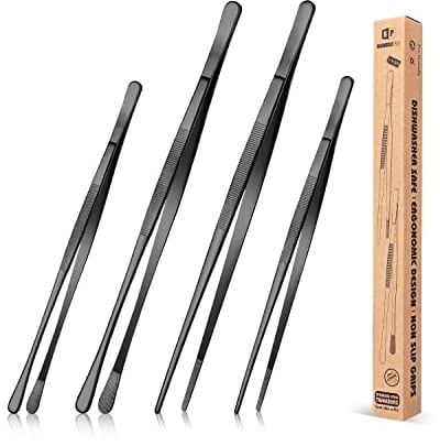 Set di 4 pinze fini da cucina, 30,5 cm e 25,4 cm, in acciaio INOX, per uso alimentare, pinze professionali lunghe, per cucina, riparazioni, frutti di mare e barbecue, colore: nero
