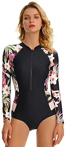Beachkini Traje de baño para Mujer con protección Solar, Traje de baño de Manga Larga, Ropa de Surf de una Pieza con Cremallera,Peonía Negra,M
