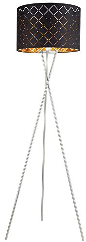 Stehlampe Textilschirm schwarz gold Beistellleuchte 3 Bein Stativleuchte Textil, Nickel matt, E27 Fassung, DxH 62x158 cm
