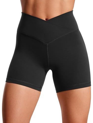 CRZ YOGA Butterluxe Damen Crossover Sport Radlerhose High Waist V-Kreuz Biker Shorts Blickdicht Gym Kurze Leggings - 13cm Schwarz 40