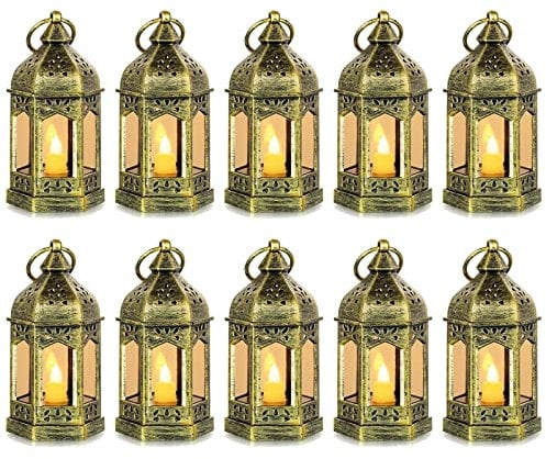 Small Lanterns with LED Candles Set of 10, Hewory Mini Gold Gothic Lantern Vintage Decorative Hanging Garden Lantern for Outside Halloween Christmas Wedding Decorations Party Yard, Battery Included