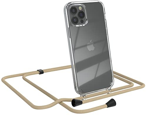 EAZY CASE Handykette kompatibel mit iPhone 12/12 Pro Handyhülle mit Umhängeband, Handykordel mit Schutzhülle, Silikonhülle, Hülle mit Band, Stylische Kette für Smartphones, Taupe - Clips Schwarz