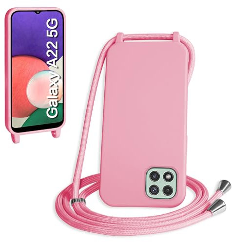 WenBaby Coque avec Cordon pour Samsung Galaxy A22 5G,Collier pour Étui bandoulière Colliers de cellulaire Mince Antichoc Réglable Lanyard Silicone Case,Rose foncé