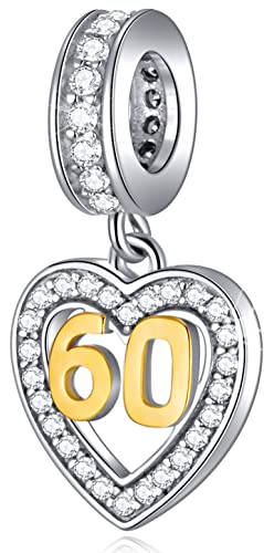 60 Geburtstag Charms passen Pandora Muttertag Armband, 18K vergoldete Zahl 60 Charms, 925 Sterling Silber 60th Hochzeit Jahrestag Herz Anhänger Perlen mit CZ, Geschenke für Oma/Nana/Weihnachten